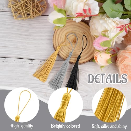 Image of 100 Pcs Bookmark Tassels Bulk Gold Silver Black Soft Craft Silky Handmade Mini Tassels for Jewelry Making with Loops for DIY Craft Accessory Dress Decoration
