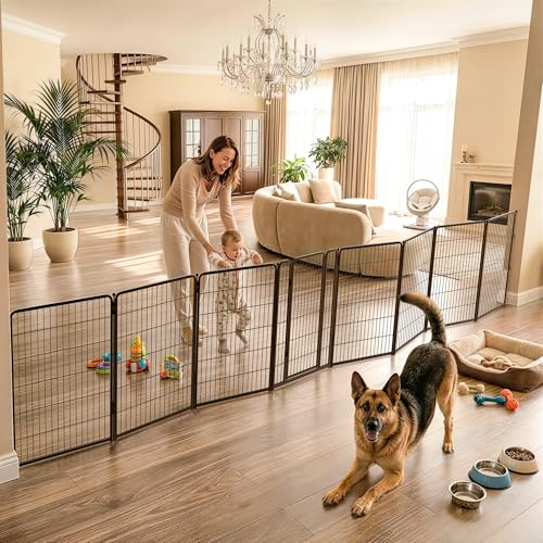 Image of FXW Dog Gate Extra Wide Designed for Indoor Use, Adjustable Width Up to 219-inch Wide (45" H 8 Wire Panels for Large Dogs), Black