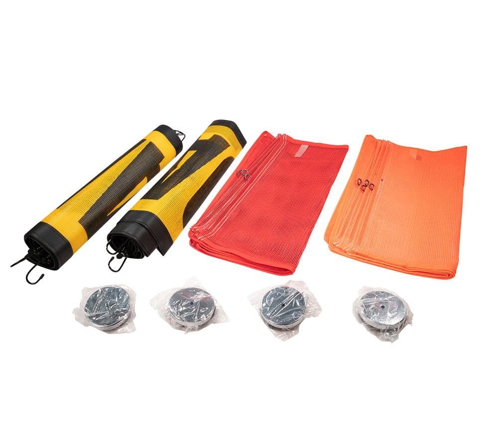 Mytee Products Kit de 15 letreros de carga de gran tamaño, 2 pancartas de carga de gran tamaño, 4 banderas rojas y 4 banderas de advertencia de malla naranja con lazo de alambre, 1 bolsa y 4 soportes