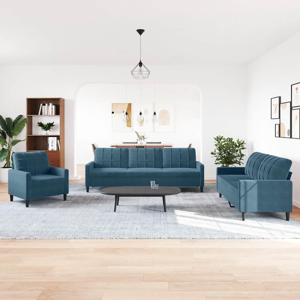 Set di 4 mobili imbottiti con cuscini in velluto blu per soggiorno e camera degli ospiti, moderno divano angolare con sgabello, salone, panca, sdraio, divano, paesaggio residenziale, mobili