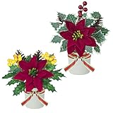 Prashent 2 Pcs Christmas Potted Plants Artificial Small Christmas Tree Mini Plants with Poinsettia Berries Xmas Table Decor for Party Home Office Desktop Centerpieces