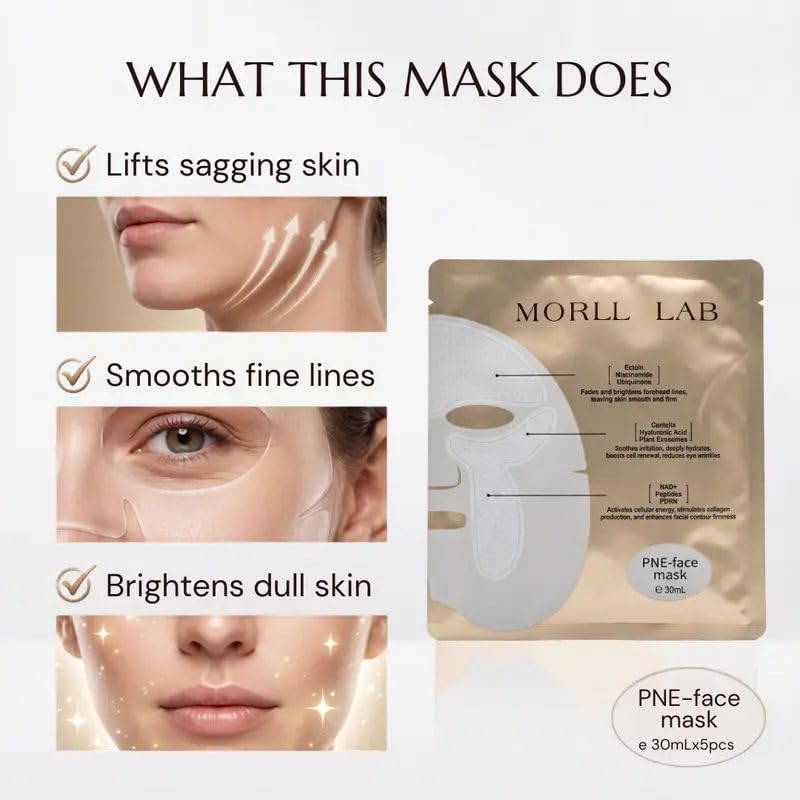MORLL LAB PNE Face Mask Sheet – Hydrating & Soothing Sheet Mask with Niacinamide, Hyaluronic Acid & Peptides (30ml x 5pcs)