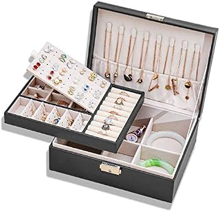 Jewellery Box, Travel Jewellery Case, 2 Layer PU Leather Jewelry Storage Case, Portable Jewellery Box Organiser with Lock & Removable Tray - Gift for Girls - for Earrings, Necklace, Rings, Bracelets