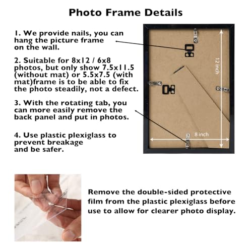 Image of JCJMY 8x12 Picture Frame Set of 2 with 6x8 Mat, Black 8 x 12 Photo Frames with Shatter Resistant Plexiglass, Display 6 x 8 with Mat or 8 by 12 Without Mat, Sturdy Wall or Tabletop Frame, 2 Pack
