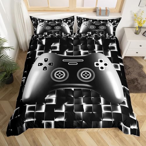 Gaming Bettbezug für Jungen Teens Spiel Bettwäsche Set für Kinder Gamer Tröster Bezug für Alle Saison Gamepad Zimmer Dekor Bett Set 135x200,1 Bettbezug mit 1 Kissenbezug Neon Schwarz Weiß Grau