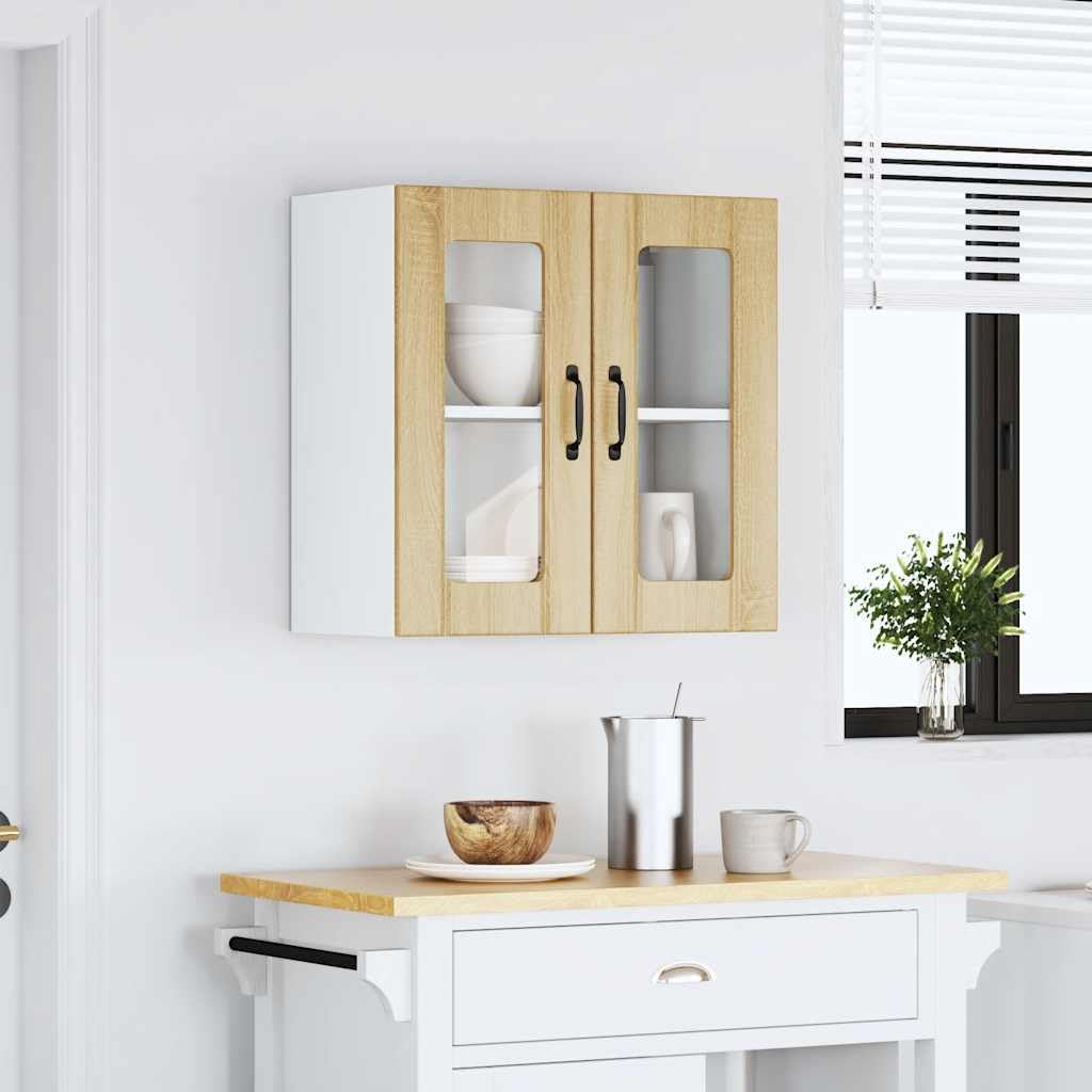 Lucca - Armadietto da cucina sospeso con anta in vetro, rovere Sonoma, 60 x 31 x 60 cm, montaggio a parete, armadio multiuso con spazio per stoviglie, pentole, microonde, organizer per cucina