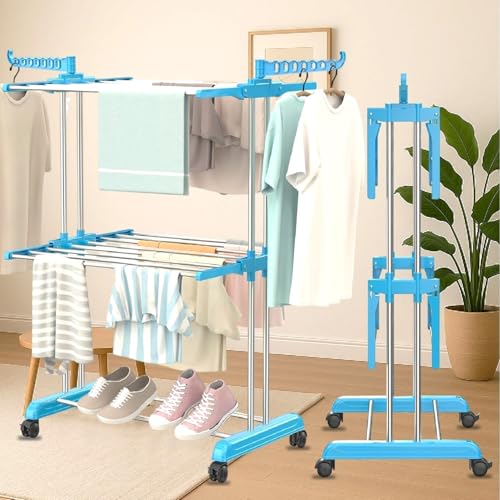 Image of JD FRESH 3 Tier Stainless Steel Clothes Drying Stand /Cloth Dryer for Balcony /Indoor /Outdoor /Space Saving Cloth Hanger Stand with 24 Rods /Big Foldable Laundry Rack with Wheels (Blue)