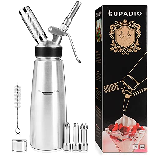 Stainless Steel Whipped Cream Dispenser 500mL (1 Pint) Cream Whipper with Aluminum Head 3 Stainless Steel Nozzles & Cleaning Brush for Coffee Desserts Hot Chocolate Cream Cartridges Not Included