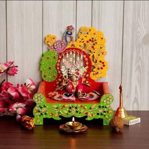 CAPIO ART EMBOSE Wooden Singhasan Peacock Shaped for Laddu Gopal Ganesha Krishna God Idols | Decorative Ladoo Gopal Pooja Chowki Sihasan for Temple Mandir Puja Idol Decoration Gifts Items (Height:15") - Image 3 thumbnail