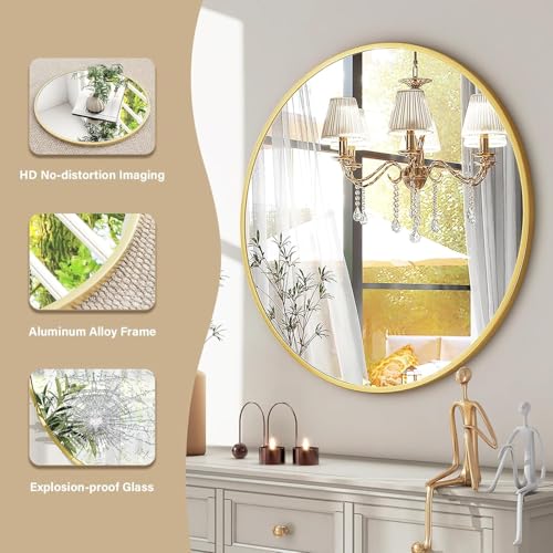 Image of HARRITPURE 28 inch Round Mirror - Gold Bathroom Mirror Circle Wall Mirror with Brushed Aluminum Alloy Frame Modern Decor for Living Room, Vanity, Bedroom, Entryway