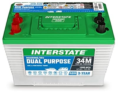 Interstate Batteries Marine/RV Battery 12V 62Ah 800CCA (34M-AGM) Dual Purpose Power Pure Lead AGM RV & Marine Starting Replacement Battery (Group Size 34M) Boats, RV's