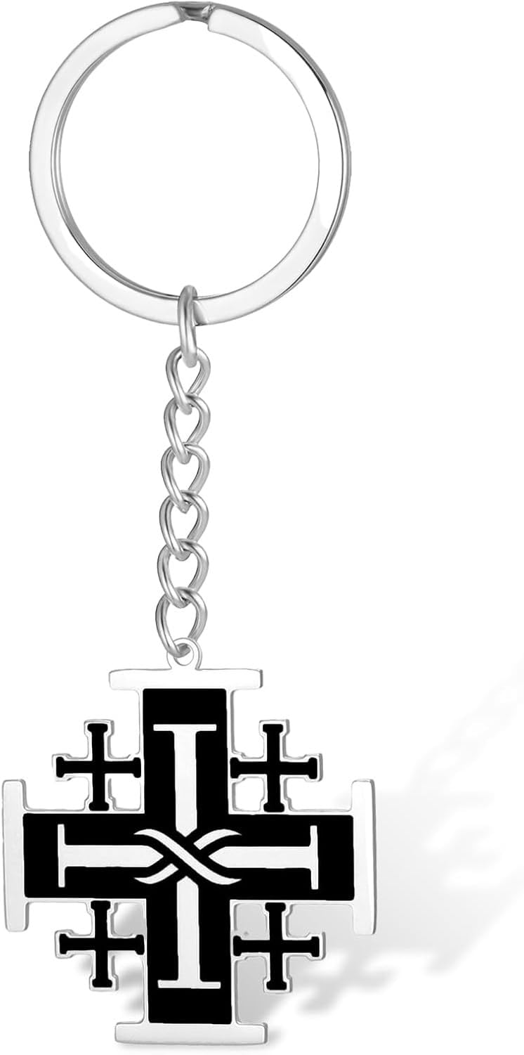 WOMGKDA Jerusalem Cross Keychain Stainless Steel Crusaders Cross Keyring Religious Prayer Charm Amulet Jewelry Gift, Black