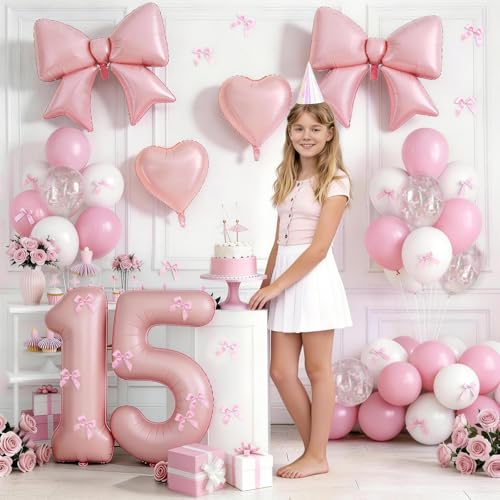 Image of 15th Birthday Decorations for Girls,Pink Bow Balloons for Party Decorations | 15 Number Balloon,Pink White Latex Balloons,Bow Print Balloons,Heart Balloons,15 year old girl birthday decorations