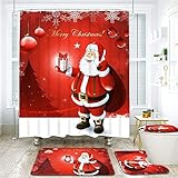 BLEUM CADE 4 Pcs Merry Christmas Shower Curtain Sets with Non-Slip Rugs, Toilet Lid Cover, Bath Mat...