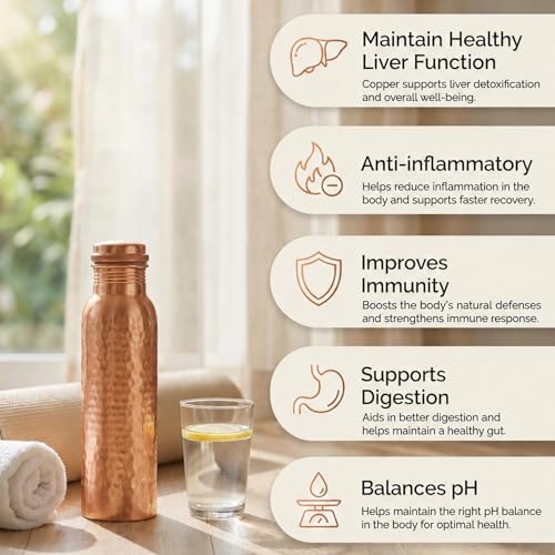 Image of Copper Water Bottle 34oz - 100% Pure Ayurvedic Handcrafted Design - Eco-friendly Premium Quality - Bpa-free Heavy Duty Leak-proof & Lab-tested - Health Benefits for Daily Use, Sports, Travel & Gifting