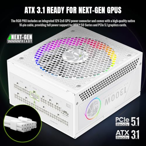 Image of GAMEMAX 1300W 80+ Platinum Fully Modular White Power Supply, ATX 3.1 Version with LLC + DC-DC Circuit, Full-Range 110-240V, ARGB 140mm Fan with Sync, 100% Japanese Capacitors (RGB PRO 1300P WH)