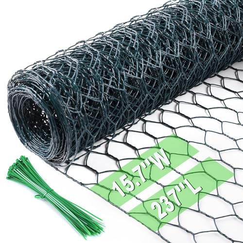 Image of Chicken Wire 15.7 in x 237 in Poultry Wire Netting Hexagonal Galvanized Mesh Garden Fence Barrier for Pet Rabbit Chicken Fencing with 100 Pcs Cable Zip Ties(PVC-Coated)