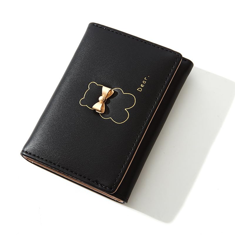 Image of Valerie Floral Small Wallet for Girls Women Tri-Folded Wallet Cash Pocket Flowers PU Leather Print Card Holder Coin Purse with ID Window (Black)