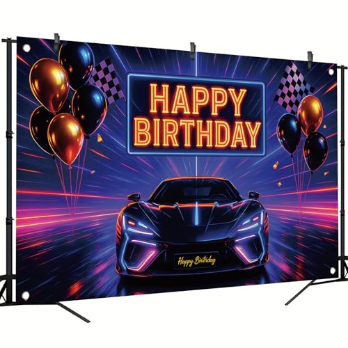 Image of Racing Car Happy Birthday Backdrop Sports Car Neon Racing Banner Black White Plaid Checkered Flag for Men Boys Photography Background Bday Table Decor Photo Booth Prop 71 x 43 Inch