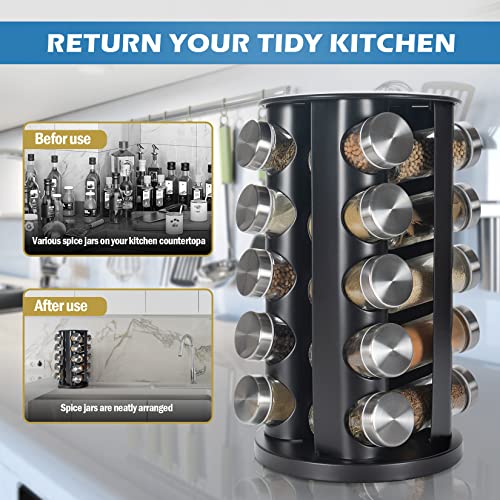 Black Countertop Revolving Spice Rack, Empty 20-Jars Rotating Spice Rack Organizer, Round Carousel Tower, 135 Spice Labels With Funnel Complete Set, For Kitchen Countertop, Cabinet #TOP3