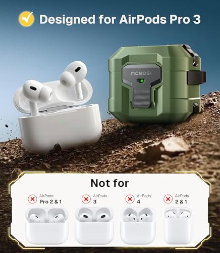 Image of MOBOSI for AirPods Pro 3 Case 2025 with Drop-Proof Lock, Cleaning Kit & Keychain, Compatible with MagSafe, Military-Grade Protection Hard Cover for iPods Pro 3rd Generation, Green