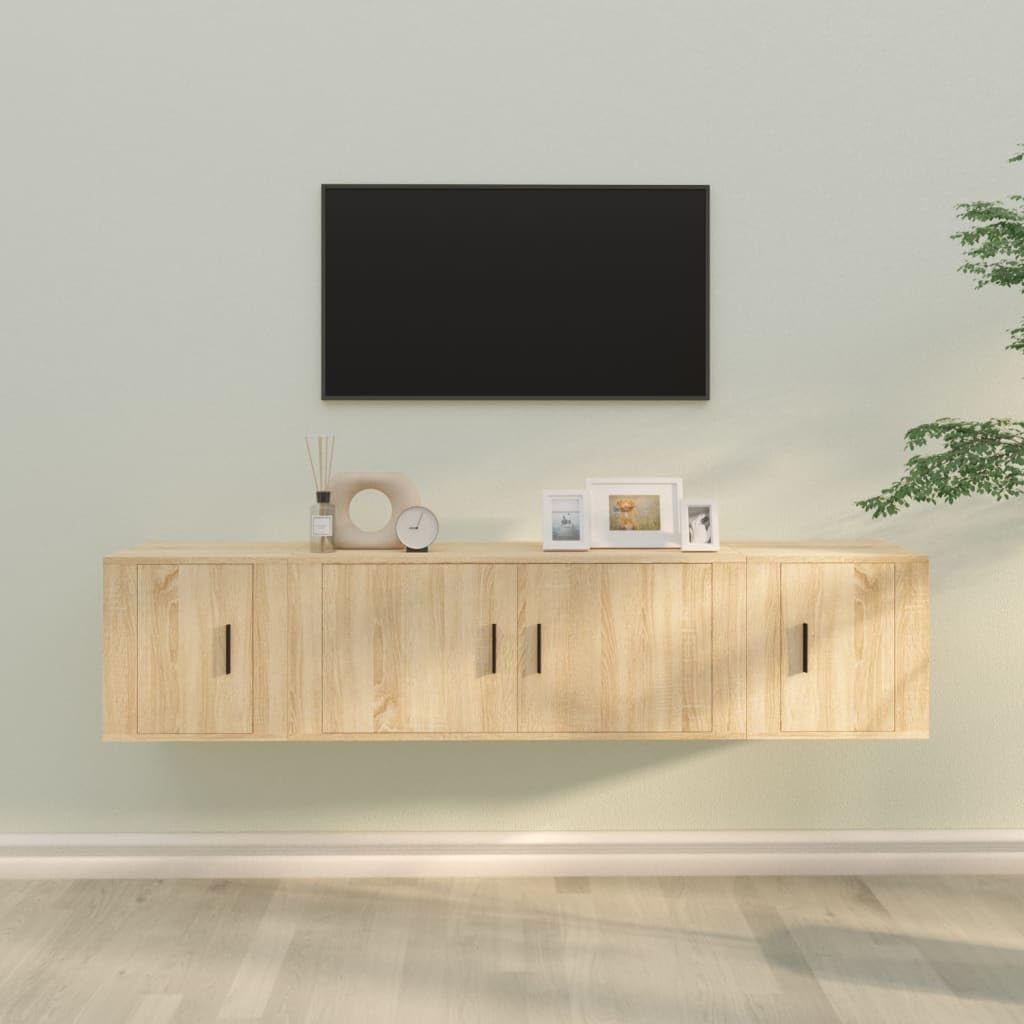 3-TLG. TV-Schrank-Set Sonoma-Eiche Holzwerkstoff, Hängend, Modernes Media-Center für Wohnzimmer, Viel Stauraum, Einfache Wandmontage, Langlebig
