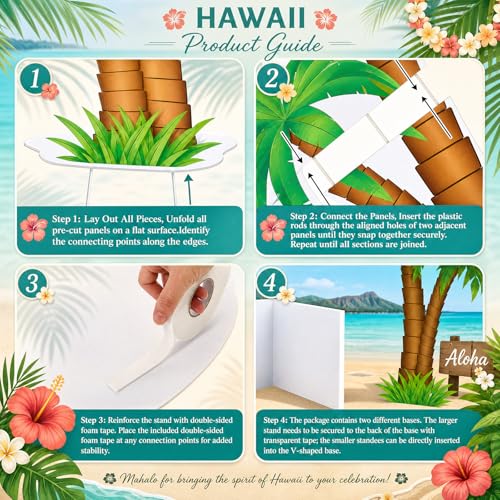 Image of 4 Pcs Hawaiian Party Decorations Set, Palm Tree Surfboard Swimming Ring Cardboard Cutout with Sturdy Bases for Tropical Luau Beach Themed Party Birthday Summer Photo Booth Props