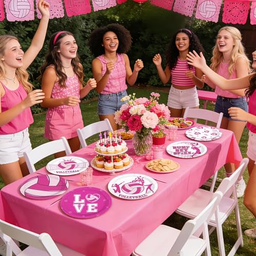 Image of 60Pcs Volleyball Plates 7 inch Pink Volleyball Sports Paper Plates | Volleyball Birthday Disposable Plates Sports Themed Dessert Plates for Girls Women Birthday Holiday Party Decorations