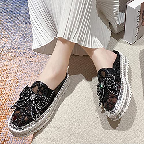 Image of Women's Platform Rhinestones Glitter Sneakers,Fashion Cute Bow Comfy Breathe Canvas Hand-Stitching Slip On Casual Walking Flat Loafers