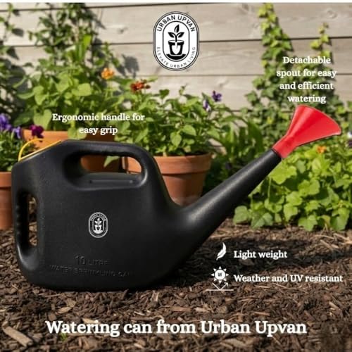 Image of Urban Upvan Plastic Watering Can 10L | Ergonomic Handle for Comfortable Grip | Fade Resistant, Lightweight & Easy to Use | Durable | Includes Sprinkler Spout | Black