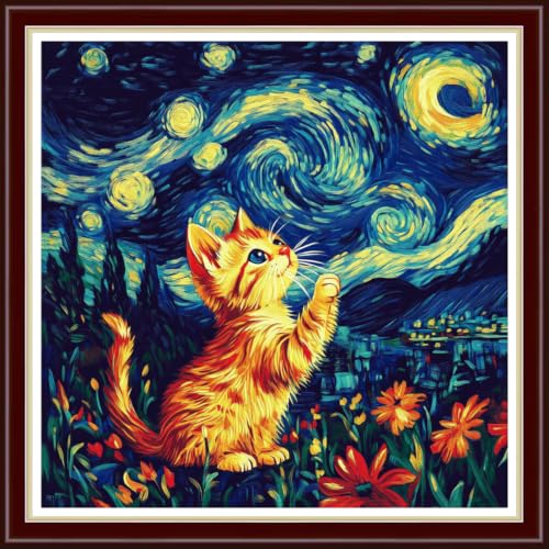 Image of Fanxvivy Stamped Cross Stitch Kits for Beginners Full Range of Cross Stitching Preprinted Embroidery Kits for Adults, 11CT Embroidery Pattern Needlepoint Kits-A cat admires the moon18x18 inchs