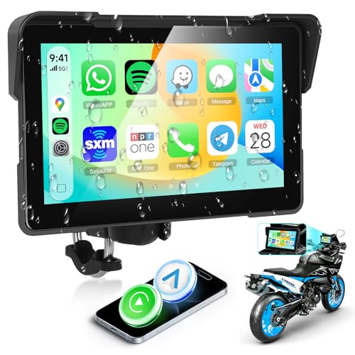 Rimoody 7 Inches Motorcycle Carplay Screen Wireless Android Auto for Moto Airplay Android Cast, Waterproof Touchscreen Motorbike Car Play Motorcycle Sat Nav, EQ, Bluetooth,