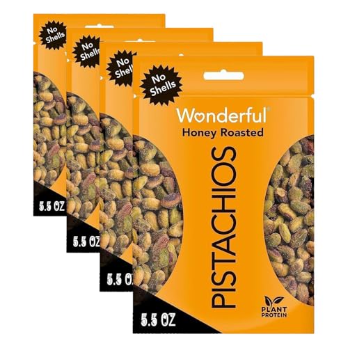 Image of Wonderful Pistachios No Shells, Honey Roasted Nuts, 5.5 Ounce Resealable Bag, Protein Snacks, Gluten Free, Healthy Sweet Snacks (Pack of 4)