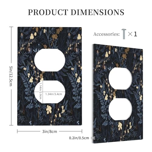 Decorative Outlet Covers Rustic Navy Dark Blue Leaves Golden Floral 1 Gang Duplex Light Switch Cover Plate Unique Wall Plate Electrical Switch Plate Covers for Bedroom Home Decor