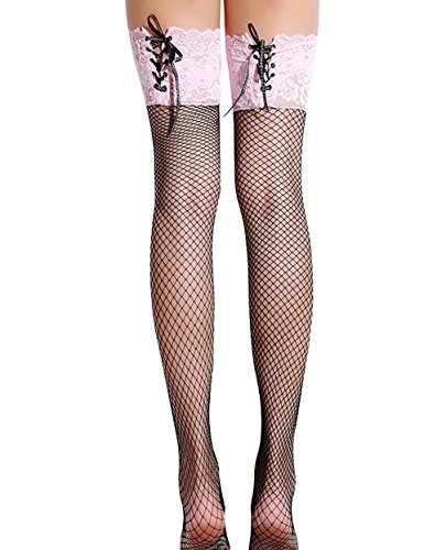 Women Fishnet Stockings Lace Floral Thigh High Stockings Ribbon Bows Hosiery (Pink)