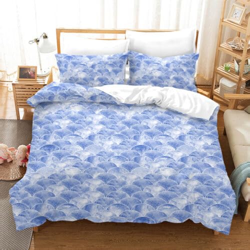 Housse de couette 220x240 écailles bleues avec ses 2 taies d'oreiller en microfibre douce