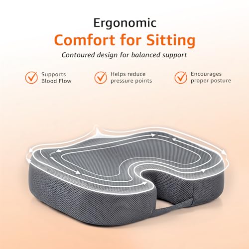 Image of amazon basics Memory Foam Coccyx Seat for Chair & Car | U-Shape Comfort Support for Office Seating & Driving | Breathable Design with Anti-Slip Base - Grey