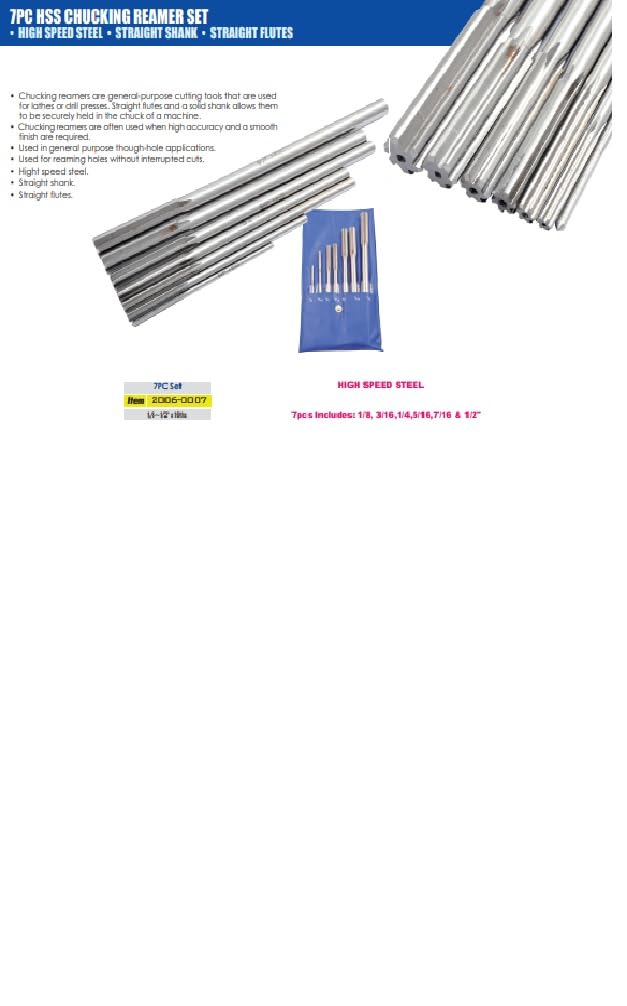 HHIP 2006-0007 High Speed Steel Chucking Reamer 7-Piece Set, 1/8-1/2 x 1/16-Inch Size