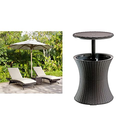 Pamapic Patio Chaise Lounge Set 3 Pieces，Patio Lounge Chair With Backrest And Cushion, Outdoor Pool Lounge Chair Set & Keter Outdoor Patio Furniture And Hot Tub Side Table, Brown #TOP2