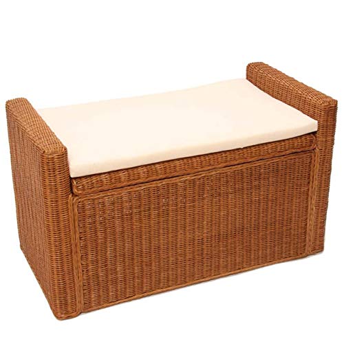 Mendler Aufbewahrungstruhe M92, Truhe Sitzbank Garderobenbank, Kissen Kubu Rattan 88cm - honigfarben