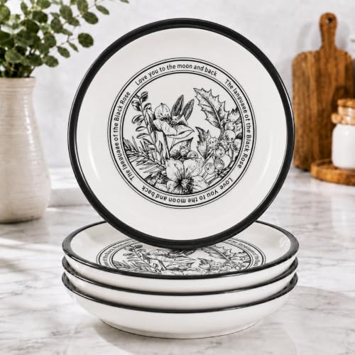 Image of Ceramic Dinner Plates Set of 4, 20.5 cm Black & White Floral Printed Plates, 4 cm Deep, Premium Tableware for Dining, Snacks, Desserts & Everyday Use (Black & White Floral, Pack of 4)