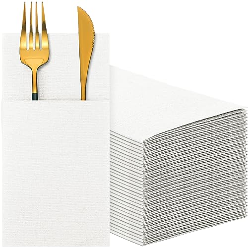 Cindeer 75 Pcs White Linen Dinner Napkins with Built in Flatware