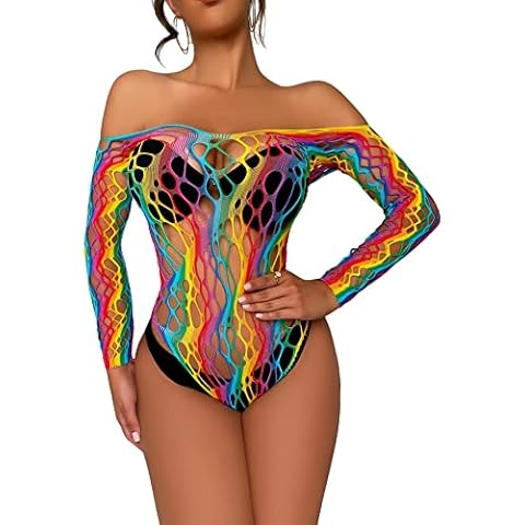 Conjunto de lencería sexy para mujer Fishnet BabyDoll Body ropa de dormir Chemises color arcoíris Cover