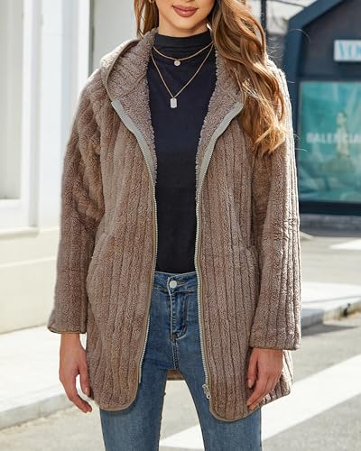 Womens Fleece Jacket Hooded Winter Warm Full Zip Long Sleeve Sherpa Jacket Coat Outerwear with Hood (S-5XL)2