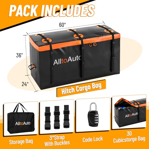 AlltoAuto 30 CuFt Waterproof Cargo Bag for Hitch Carrier | 60\"x24\"x36\" Trailer Hitch Cargo Carrier | Weatherproof Truck Bed Storage with Straps, Lock & Carry Case | PVC Vehicle Soft-Shell Carriers