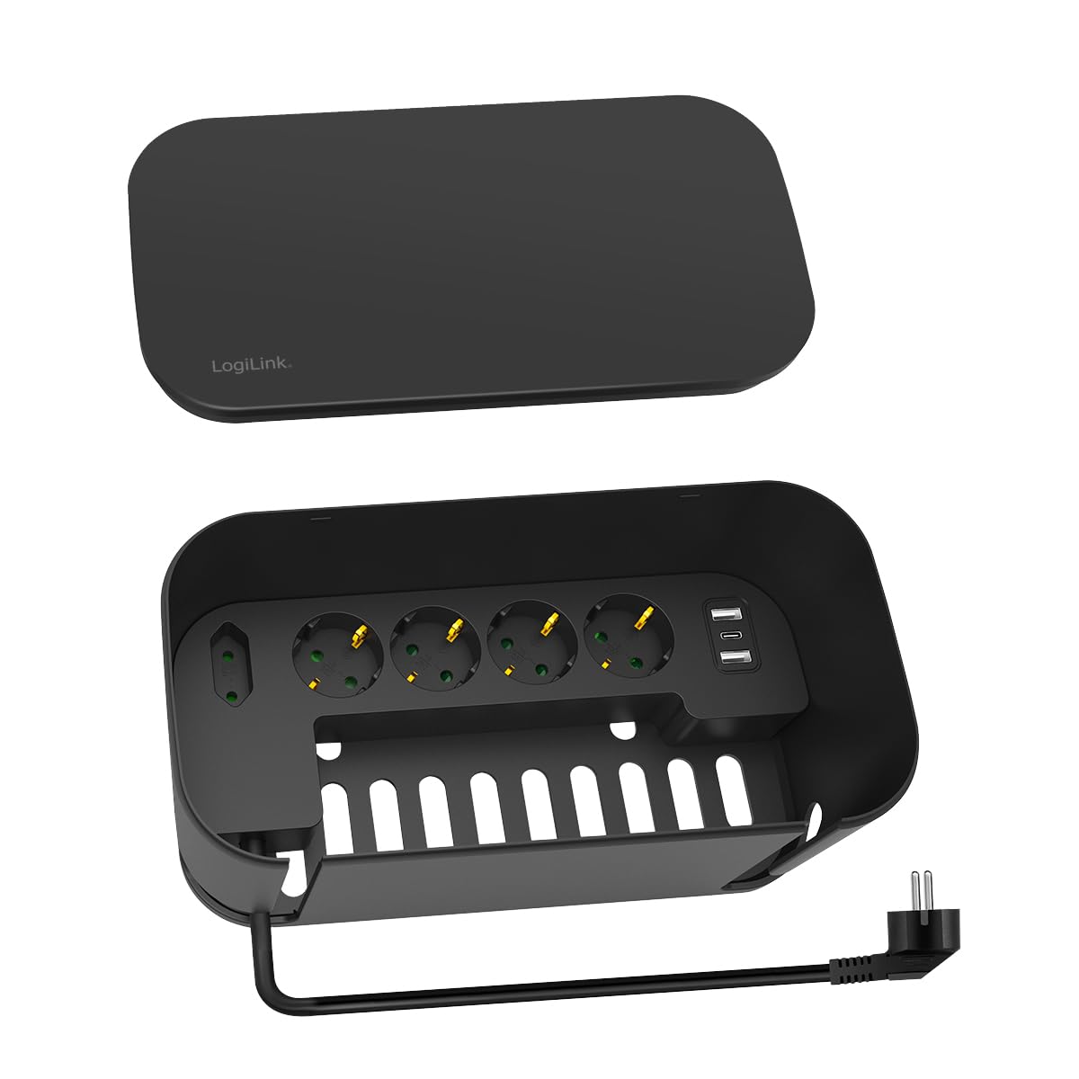 LogiLink LPS282U - Caja de Cables con 5 enchufes (Incluye 3 Puertos USB), Color Negro