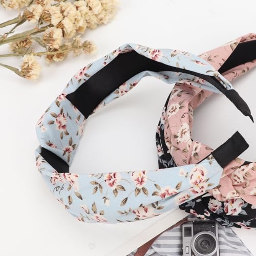 Image of DRESHOW Headbands for Women and Girls Flower Printed Knotted Plastic Head Band Fashion Boho Wide Hairbands Non Slip Hair Accessories 4 Pcs