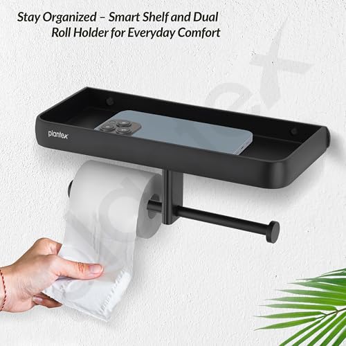 Image of Plantex Self Adhesive Aluminium Dual Toilet Paper Holder for Bathroom /Tissue Paper Roll Holder with Mobile Stand /Toilet Paper Roll Holder /Bathroom Accessories - (Black)