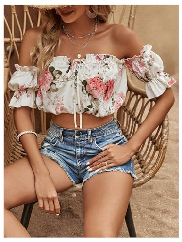 Milumia Women's Floral Off Shoulder Blouse Puff Short Sleeve Frill Trim Tie Front Crop Top3