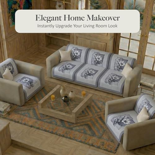 Image of Kuber Industries 5 Seater Sofa Cover | Velvet Slipcover for Living Room | Thick & Cozy | Non-Slip Comfort Sofa Cover Set | Pyramid Flower 560 - Grey & White